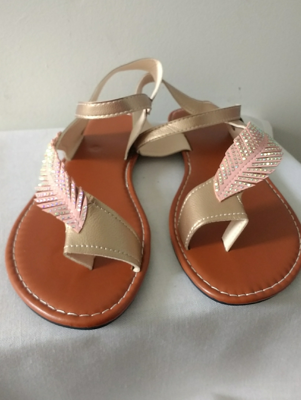 Women's Beige Sandals with Pink Crystal Feather Accent Size 42